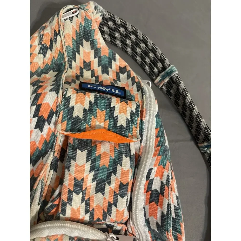 Kavu Rope Sling Bag Geometric Chevron Orange Teal Canvas Crossbody Great